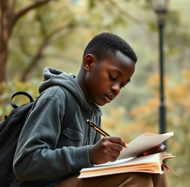Young Alex writing lyrics in his notebook